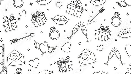Seamless pattern of romantic symbols and elements for Valentines Day.