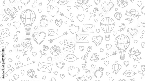 Seamless Pattern of Valentines Day Symbols and Romantic Elements.