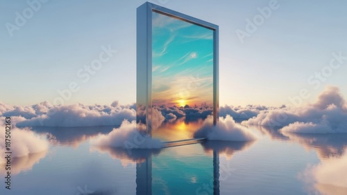Surreal portal to serene sunset landscape with clouds and water
