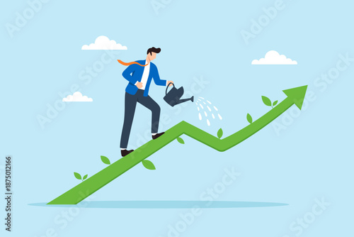 Flat illustration of businessman nurturing growing upward arrow with watering can symbolizing long term investment, business growth, strategic patience, and sustainable success