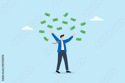 Flat illustration of wealthy businessman throwing money into the air symbolizing millionaire success financial abundance cash flow prosperity and high income lifestyle