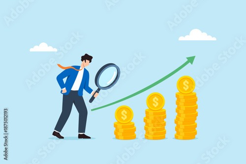 Flat illustration of businessman analyzing growing coin stacks with magnifying glass symbolizing financial analysis investment insight profit evaluation and business growth strategy