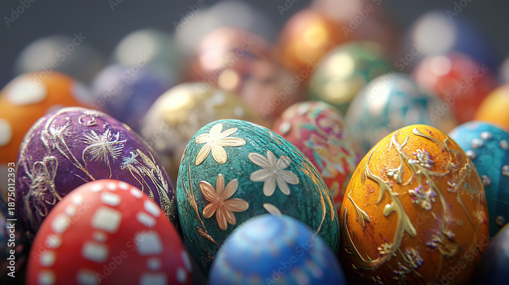 Fototapeta premium Colorful Easter eggs with floral patterns arranged in a close-up view showcasing vibrant colors and intricate designs