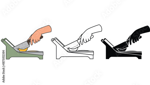 A hand holding a knife cutting food on a cutting board in different colors