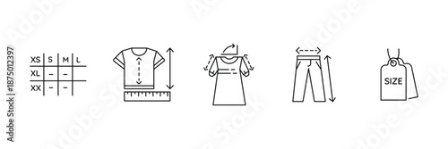 Clothing size, measurement chart, label, garment fit, apparel dimensions, shirt, dress, pants, tag, body guide, fashion icon set, vector illustration.