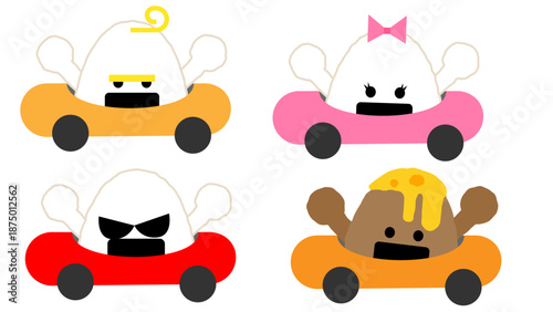 車に乗るおにぎりのキャラクターイラストセット
