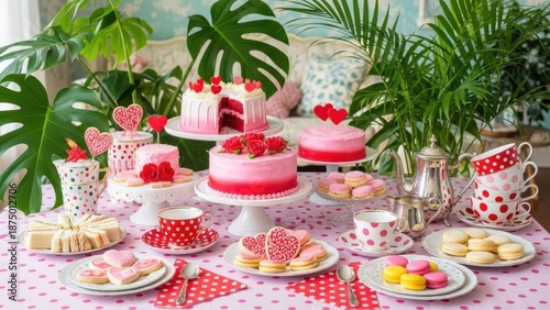 Valentine's Day tea party with pink desserts and heart decorations