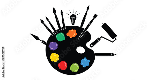 A striking black silhouette showcasing painting tools a palette and a bright idea silhouette