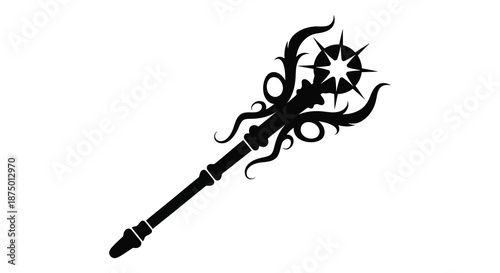 Detailed illustration of an ornate magical staff with swirling designs and a bright star silhouette
