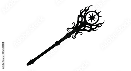 An elegant black staff with a starburst emblem and ornate details a striking silhouette
