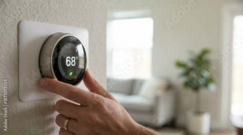 Wallpaper Mural Adjusting a Smart Thermostat, Home Climate Control, Modern Living Room, Digital Display, Indoor Setting, Close-Up View, Energy Efficiency Torontodigital.ca