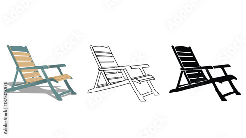Three different illustrations of a wooden folding beach chair isolated on white