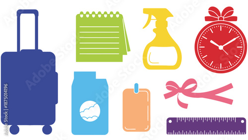 A collection of colorful icons for travel and organization on a white background