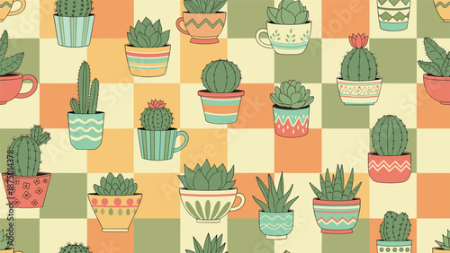 Seamless pattern of cute hand-drawn cacti and succulents in colorful pots arranged on a checkered green and yellow background.