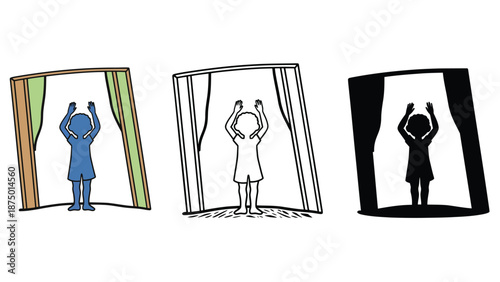 A cartoon woman stands in front of three open closets with curtains