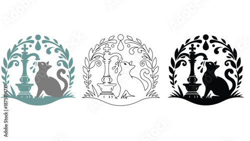 A set of three cat and hookah illustrations in different colors and styles