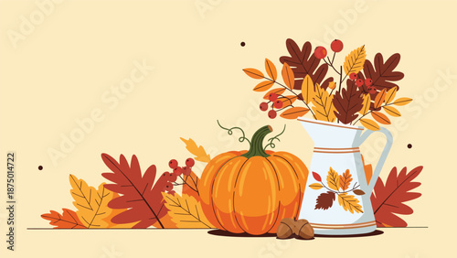 Beautiful autumn still life composition with a pumpkin, acorns, and a white pitcher filled with colorful fall foliage.