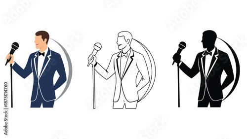 A set of three illustrations of a man in a tuxedo holding a microphone