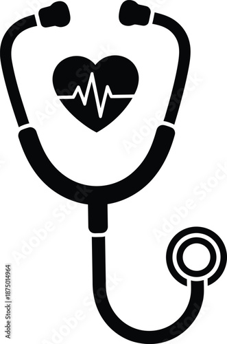 Isolated stethoscope encompassing a black heart icon with a heartbeat line for health care concept