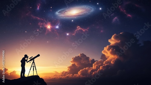 A person gazes at a vast galaxy through a telescope atop a cliff at sunset, with clouds