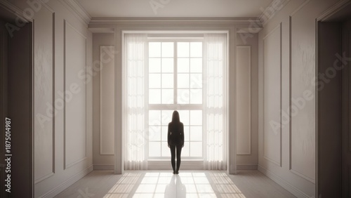A person stands silhouetted by a large sunlit window in a bright, ornate room