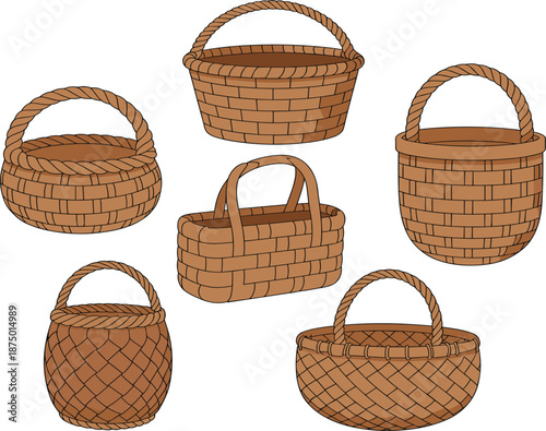 Hand drawn brown wicker basket set with handles, empty wooden picnic hamper vector illustration collection element