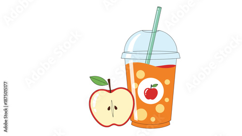 Fresh apple juice or smoothie in a plastic to-go cup with a straw, next to a sliced red apple on a white background.