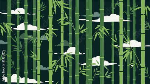Serene bamboo forest pattern with green stalks and leaves against a dark background with gray and white clouds.