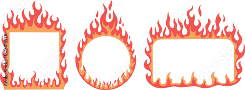 Fire flame frame set with square circle and rectangle borders, hot blazing heat vector illustration collection