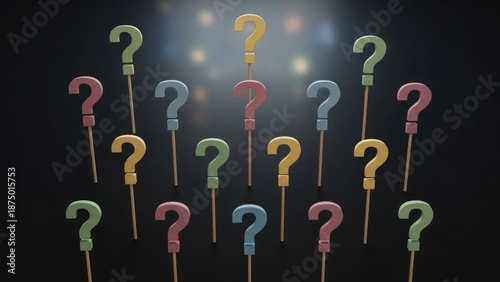 A 3D rendered image of question mark symbols on sticks in various colors, dark backdrop