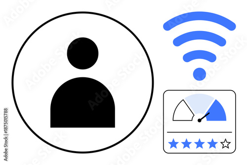 Connectivity concept. Connectivity with a user profile, wireless signal, and performance metrics. Connectivity highlights internet user rating and speed performance insights. For technology, telecom