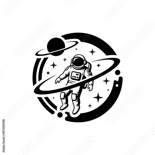 Astronaut Floating in Outer Space with Rings and Stars - Black and White Illustration