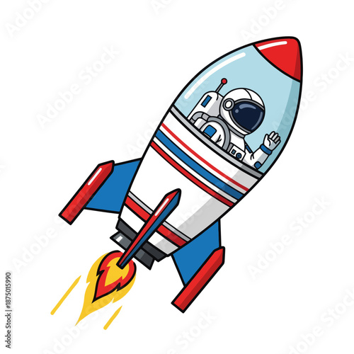 Cute Astronaut Waving Inside a Cartoon Rocket Ship