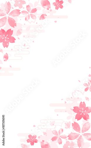 桜の手描き風の和風花びらフレーム_背景なし_縦