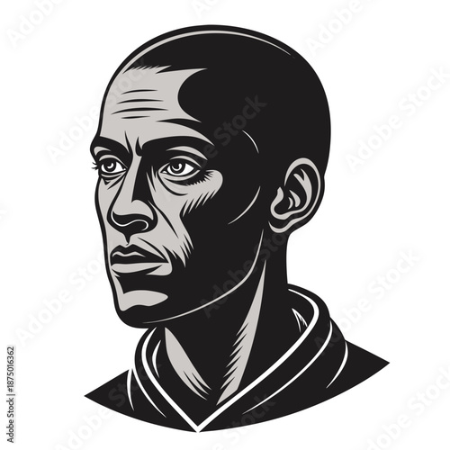 A monochrome illustration of a man with a serious expression, depicted from the shoulders up, against a plain white background.