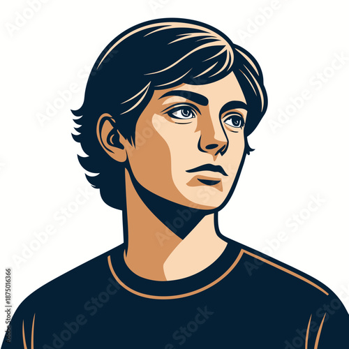 A young man with a contemplative expression is depicted in a digital illustration against a plain white background