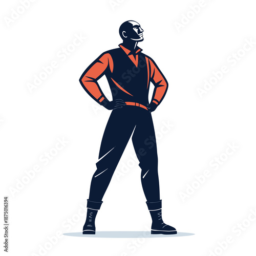 A confident man standing with hands on hips in a bold orange and black jumpsuit