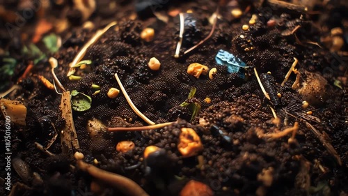 Decomposing organic waste close-up. Compost material.