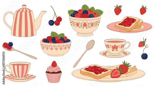 Vintage-style collection of afternoon tea elements, including a teapot, teacups, berries, and toast with jam.