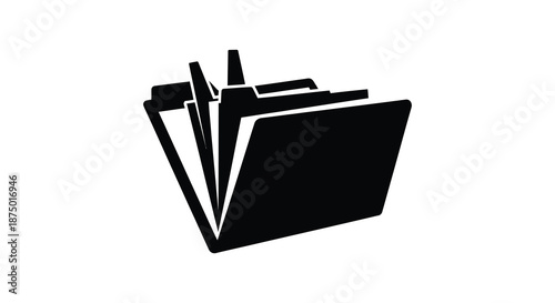 A stack of open file folders presented in a bold stark black graphic silhouette