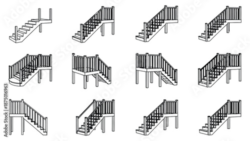 A collection of various staircase designs with railings and steps