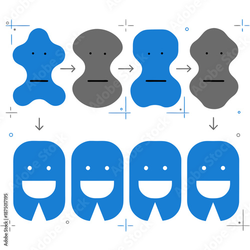 A step-by-step illustration of transforming abstract shapes into smiling faces