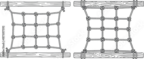Rope net hanging on wooden beams, knot details, playground equipment, drawn outline