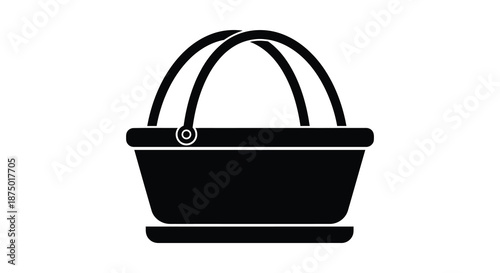 A simple black and white graphic illustration of a picnic basket with a handle silhouette