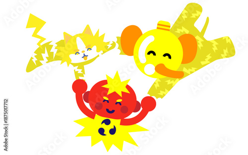 雷のエネルギーをまとったキャラクターたちのイラストセット