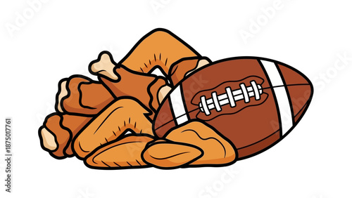 Fried Chicken Drumsticks and Wings with Rugby Ball, Hand Drawn Super Bowl Snack and Football Party Food Illustration