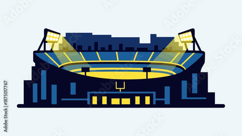 Minimalist American Football Stadium at Night, Blue Arena with Bright Yellow Floodlights and Goal Post Vector Illustration