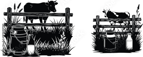 Rural set depicting two cows with milk cans and old wooden fence
