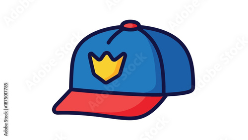 Blue and Red Baseball Cap with Yellow Shield Logo, Sport Team Fan Hat and Merchandise Icon Vector Illustration