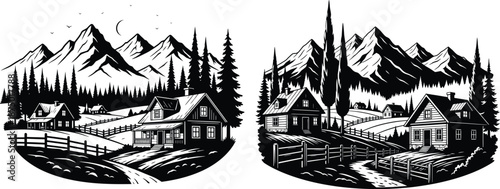 Rustic cabin landscape set with mountains and trees in retro style illustration